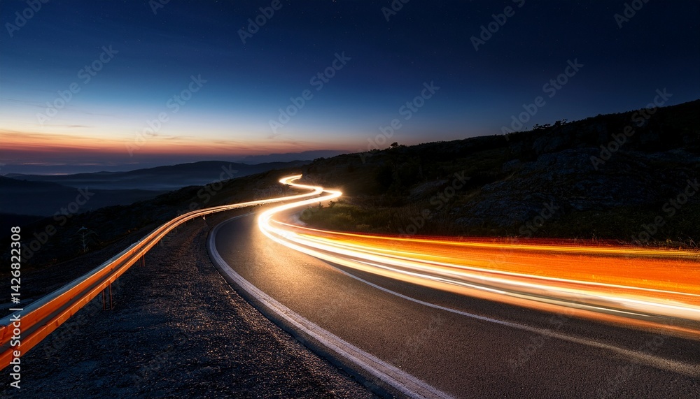 Fototapeta premium Cars orange and yellow light trails at night in a curve asphalt road at night. Neon concept