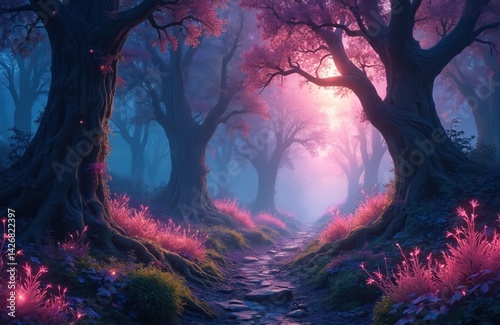 Enchanting illustration dark forest. Magic path leads through mystical trees with pink glowing leaves and fog. Fairytale landscape, fantasy art, wonderland, dreamy scene, adventure.