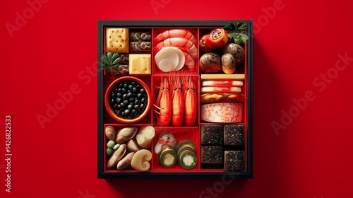 伝統的なおせち料理、上から見たおせち箱
