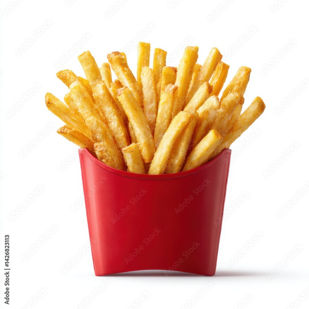 French fries in red container isolated on white background French fries in red container isolated on white background