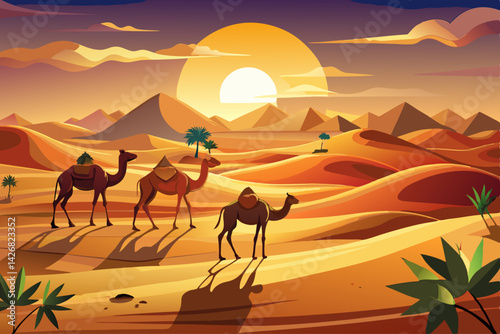vector of Camels walk in the desert sand dunes at sunset