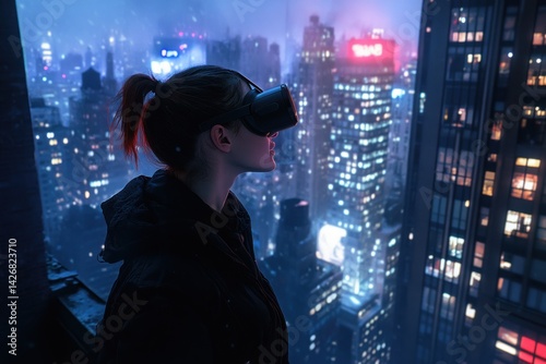 Wallpaper Mural Woman with vr headset on rooftop overlooking a futuristic cityscape at night. Torontodigital.ca