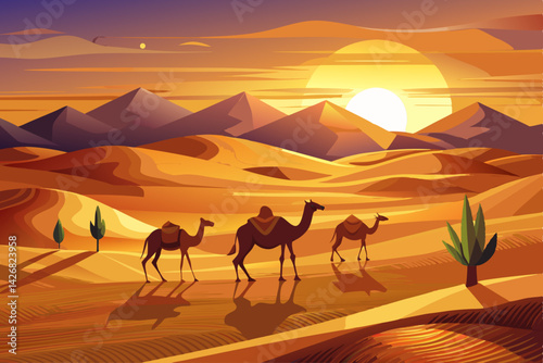 vector of Camels walk in the desert sand dunes at sunset