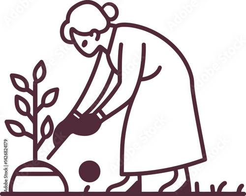 Gardening Silhouette, Featuring a Person in a Long Coat Tending to a Small Plant with Gloves