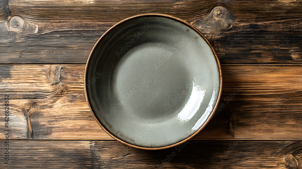 Empty light gray round ceramic plate on a dark wooden table, top view Empty light gray round ceramic plate on a dark wooden table, top view