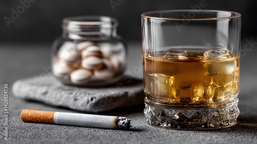 Pills, a cigarette, and a glass of alcohol on a gray background
