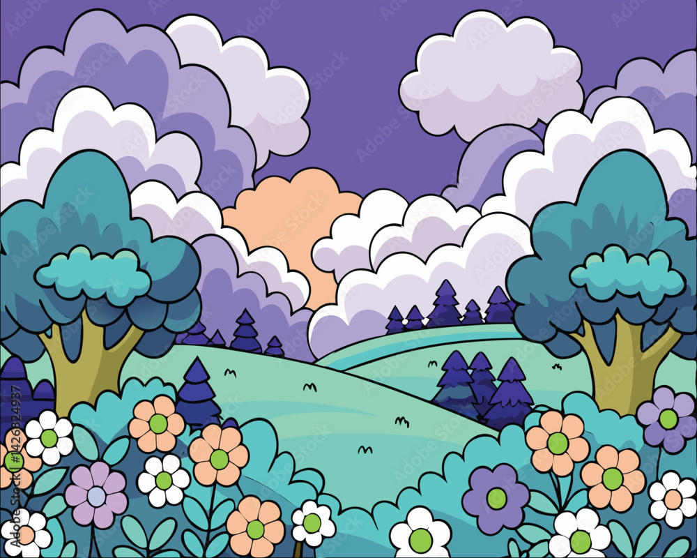 A serene and colorful cartoon landscape with green meadows, wildflowers, pine trees, and distant mountains under a purple sky filled with fluffy clouds