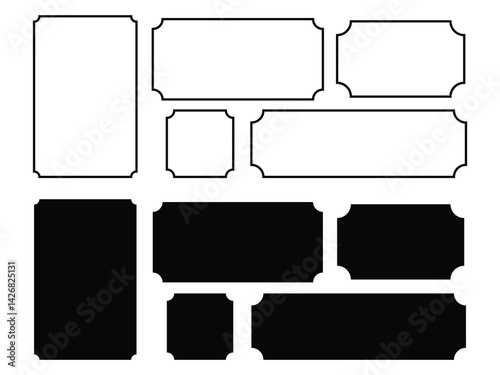 Set of decorative black and white rectangular frames with ornate corners. collection of scalloped frame border vector design element 