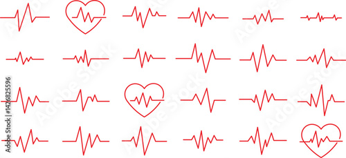 Collection of Red Cardiogram Heartbeat Icon vector line icon on White Background. cardiogram, heartbeat, heart rate, ekg, ecg, medical, healthcard, heart pulse, rhythm icon vector