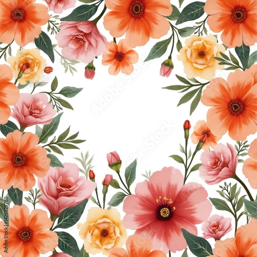 Watercolor flower background. Blossoming flowers, buds, leaves. Floral design for wallpaper, textile, wedding invitations, greeting cards. Botanical art. Beautiful spring summer season illustration.