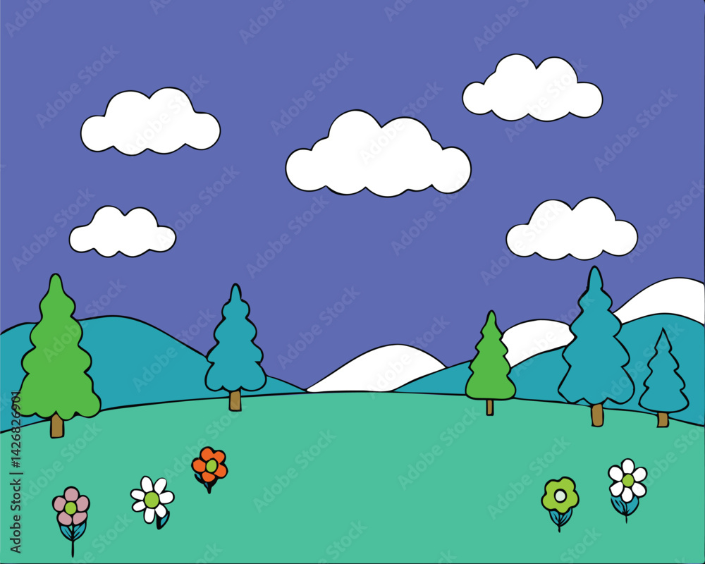 A serene and colorful cartoon landscape with green meadows, wildflowers, pine trees, and distant mountains under a purple sky filled with fluffy clouds