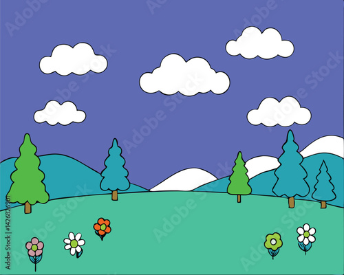 Obraz na płótnie A serene and colorful cartoon landscape with green meadows, wildflowers, pine trees, and distant mountains under a purple sky filled with fluffy clouds w salonie