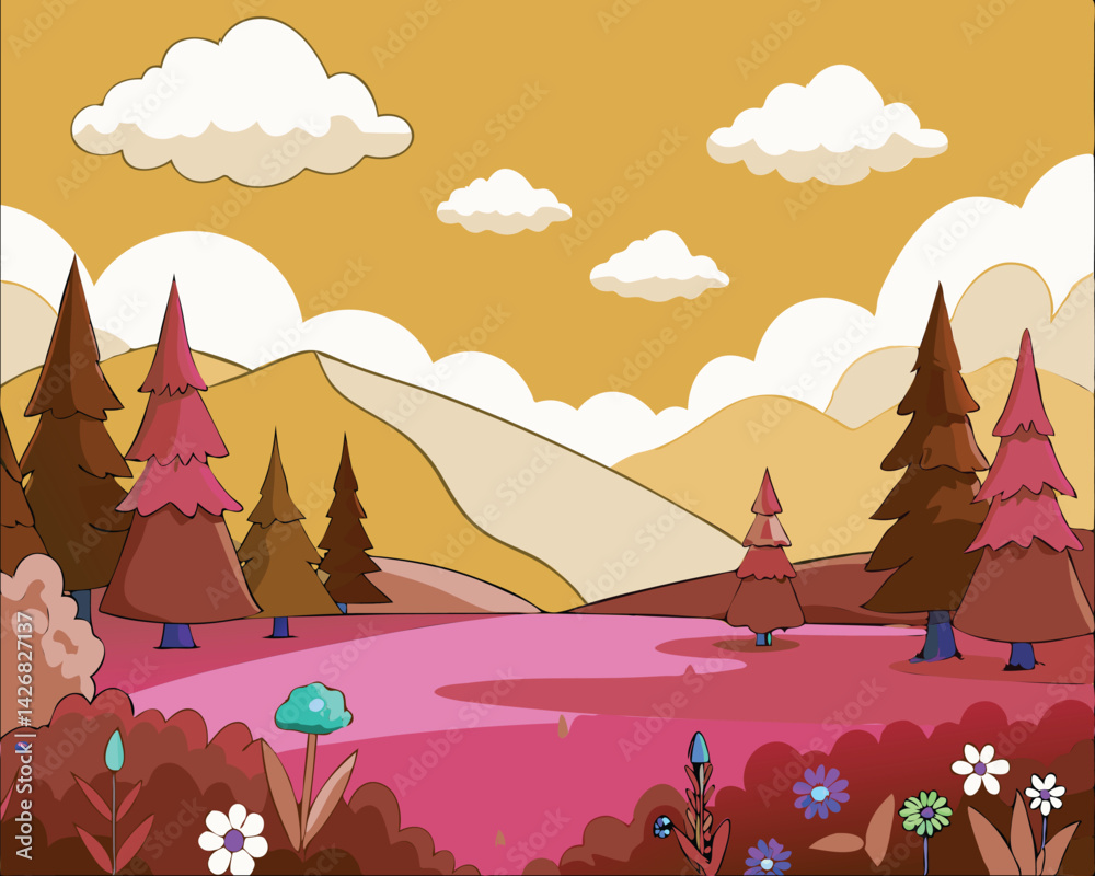 A vibrant and whimsical landscape featuring colorful flowers, lush meadows, towering pine trees, and majestic mountains under a dramatic cloud-filled sky.