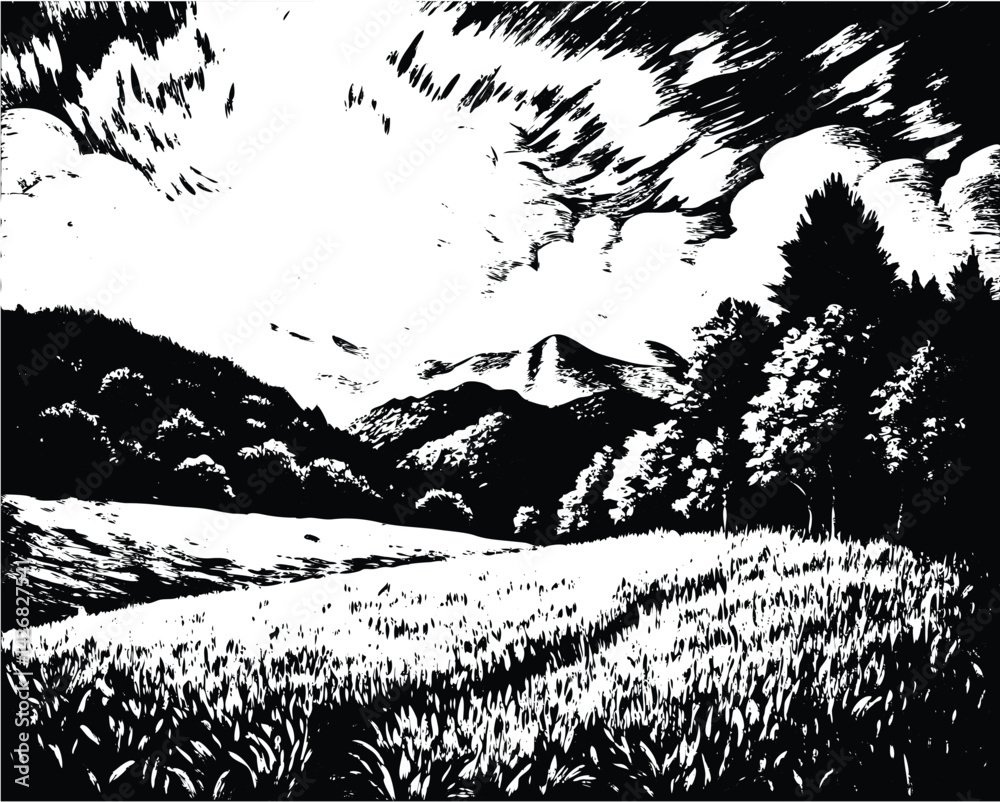 A woodcut-style black-and-white landscape depicting a sunlit meadow opening onto a forested hill and distant mountains beneath a dramatic sky