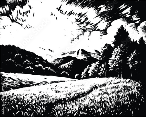 Obraz na płótnie A woodcut-style black-and-white landscape depicting a sunlit meadow opening onto a forested hill and distant mountains beneath a dramatic sky w salonie