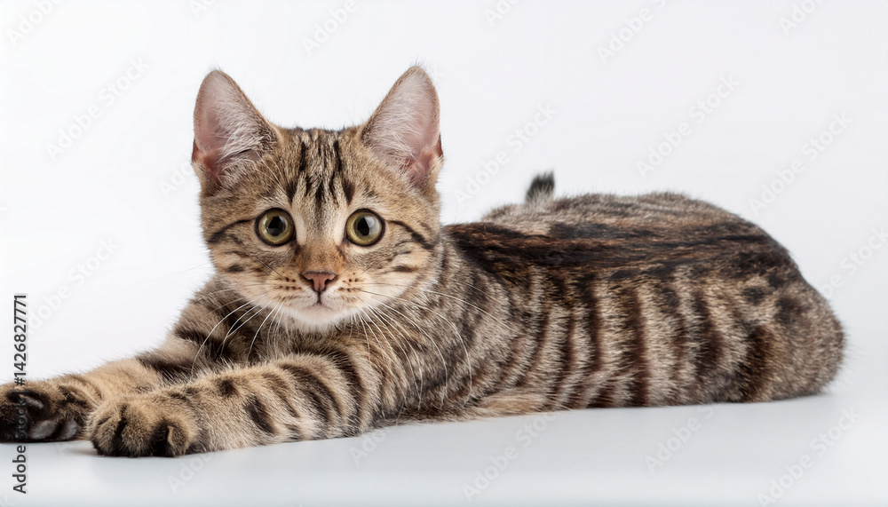 a cute tabby cat is playing on white background a cute tabby cat is playing on white background