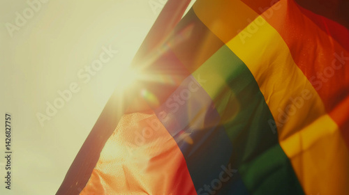 Rainbow pride flag waving in gentle breeze, symbolizing LGBTQ+ rights, equality, diversity and inclusion movement for transgender and queer community