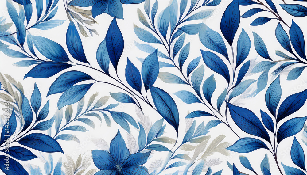 Fototapeta premium blue foliage pattern on white seamless design vibrant and fresh ideal for backgrounds and textile designs transparent format