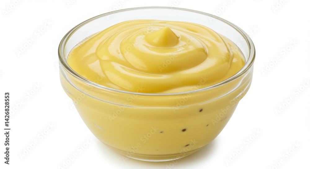 A bowl of yellow creamy sauce on a white background view A bowl of yellow creamy sauce on a white background view