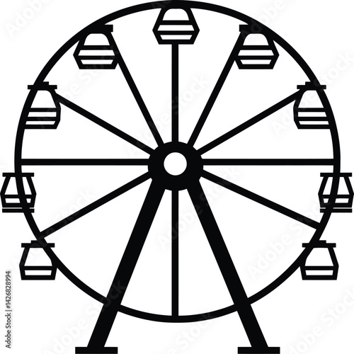 Black and white vector illustration of a Ferris wheel with evenly spaced enclosed gondolas, supported by two large legs at the base, representing amusement parks, entertainment