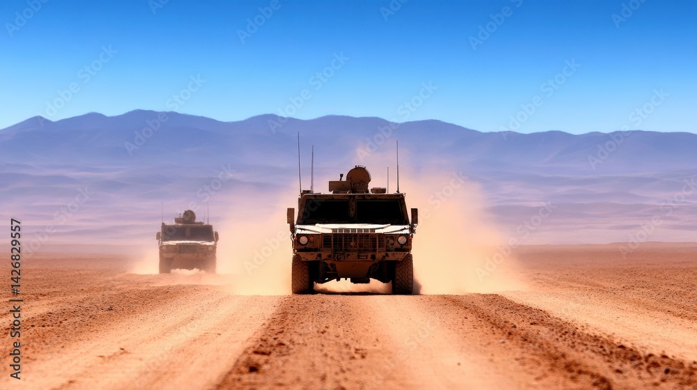 Two military vehicles traverse a dusty road in a desert location, raising clouds of dirt as they proceed. The landscape features distant mountains and bright blue skies