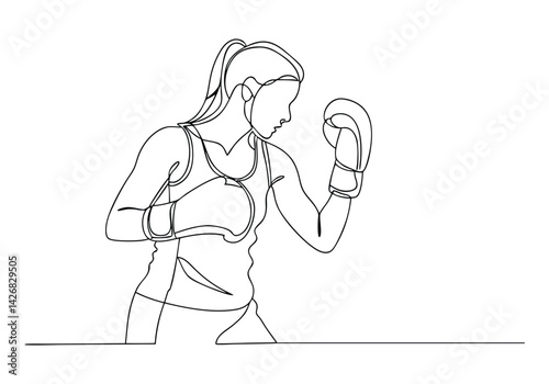 Continuous line drawing of a female boxer in athletic stance with gloves and minimalist black and white design