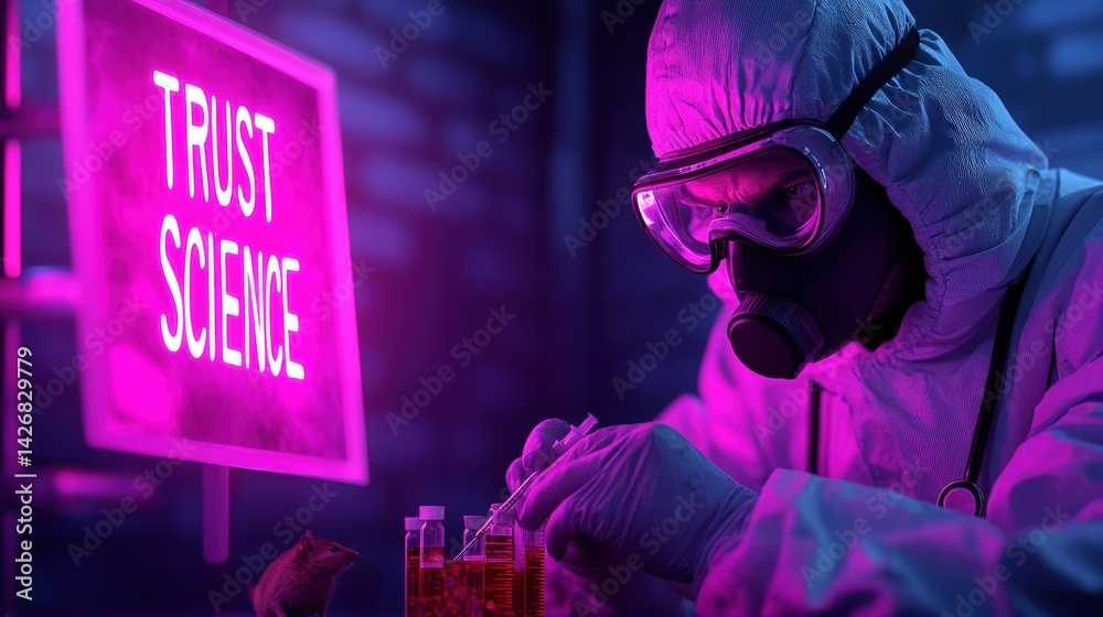 A researcher in protective gear carefully handles test tubes in a laboratory, with a glowing Trust Science sign creating a vibrant atmosphere at nighttime