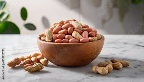 raw peanut seeds in a wooden bowl on a marble countertop dried peeled groundnut as healhy vegetarian snack whole organic monkey nut for dietary nutrition arachis hypogaea fruits