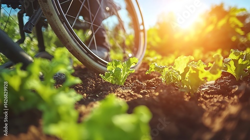 Wheelchair in garden, sunlight on plants