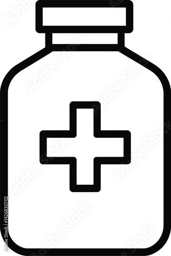 Black and white vector illustration of a medicine bottle with a bold cross symbol in the center, representing pharmaceutical supplies, medical treatment, healthcare, and prescription medications