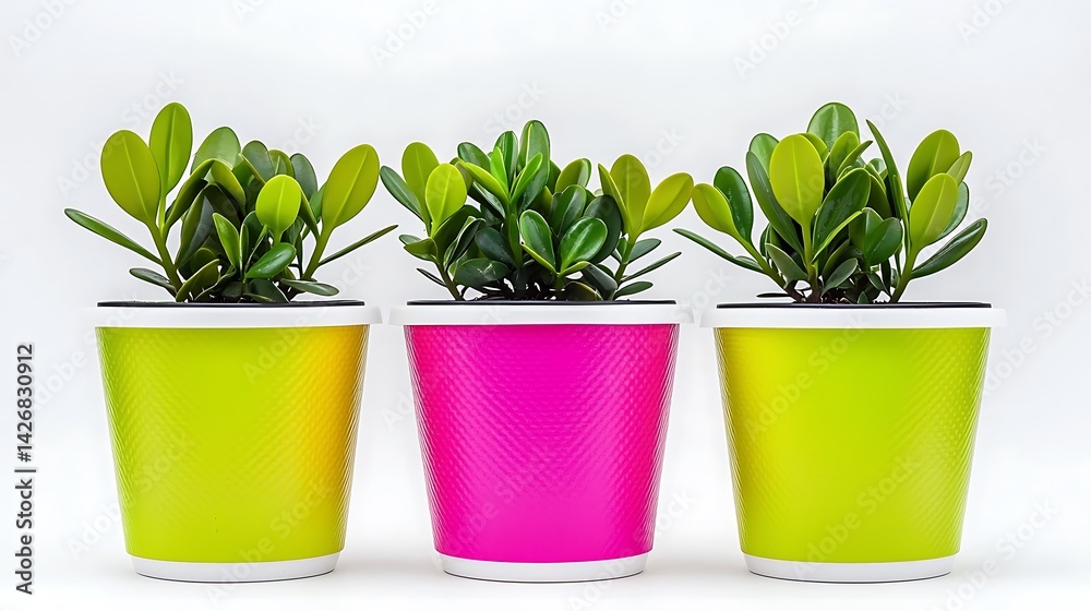 Obraz premium Three vibrant potted plants in colorful containers against a white backdrop