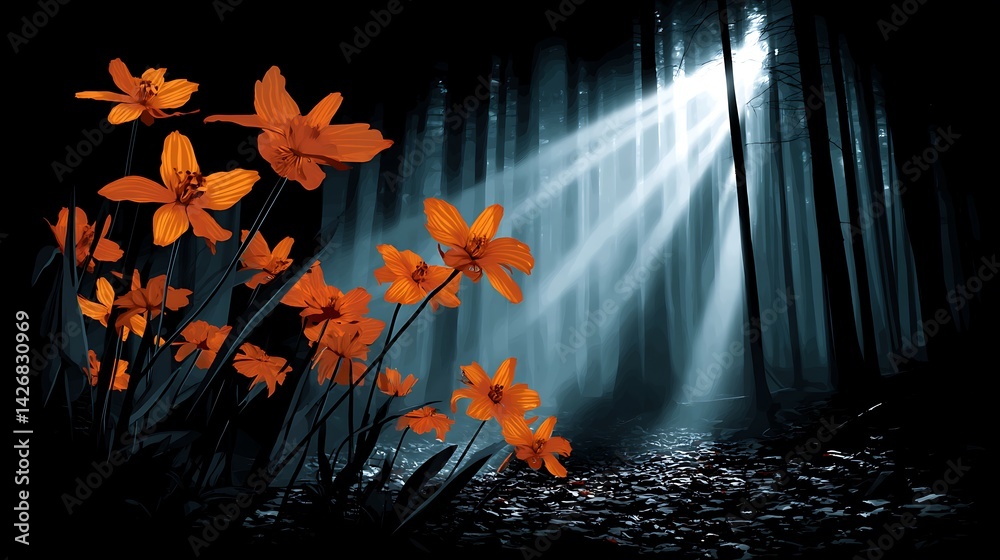 Fototapeta premium Orange flowers illuminate dark forest