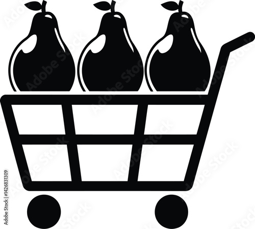Black and white vector illustration of a shopping cart with three pears inside, depicted in a simple, silhouette style, symbolizing grocery shopping, fresh produce, healthy eating, and food retail