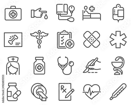 Simple Set of Medical Related Vector Line Icons. Contains such Icons as MRI, Prescription, Surgery and more.