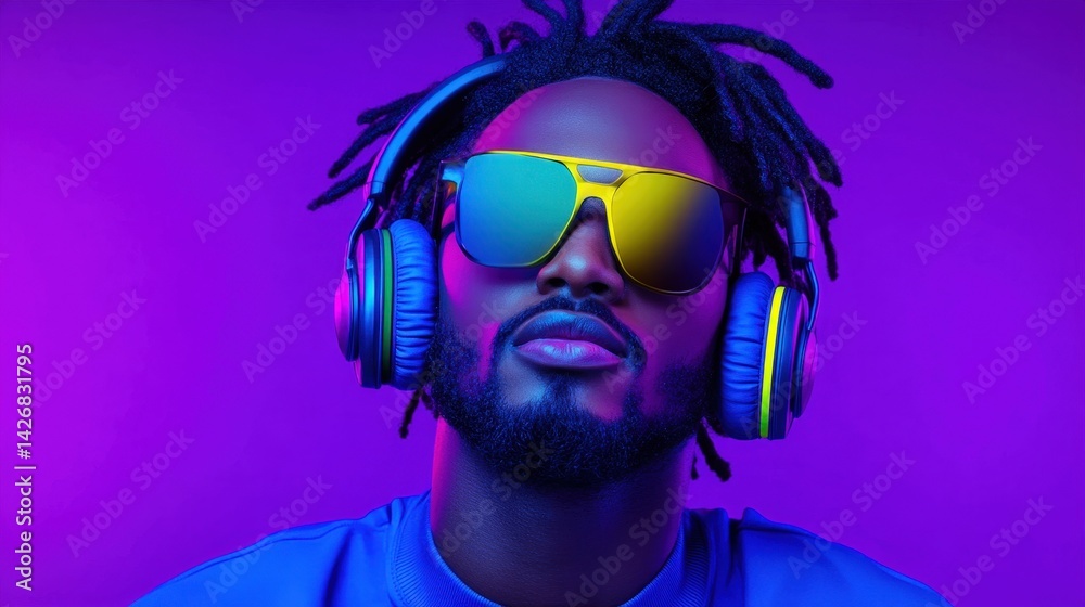 A man with thick hair and sunglasses listens to music through large headphones. Bright purple and blue lighting creates a dynamic atmosphere. The focus is on his confident expression
