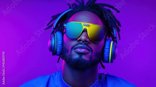 Obraz na płótnie A man with thick hair and sunglasses listens to music through large headphones. Bright purple and blue lighting creates a dynamic atmosphere. The focus is on his confident expression w salonie