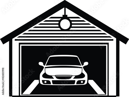 Black and white vector illustration of a car parked inside a residential garage with a triangular roof, horizontal siding lines, and a centrally positioned light fixture, symbolizing home vehicle stor
