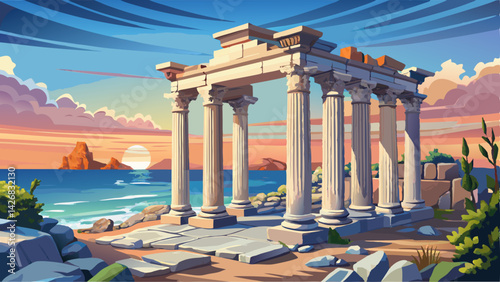 Stunning view of the ruins of the Temple of Apollo in Side. Archaeological heritage of Turkey. Mediterranean coast Manavgat district, Antalya city