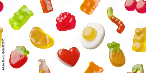 3D background with a seamless design of jelly candies: bears, worms, egg, heart, cola, raspberry.