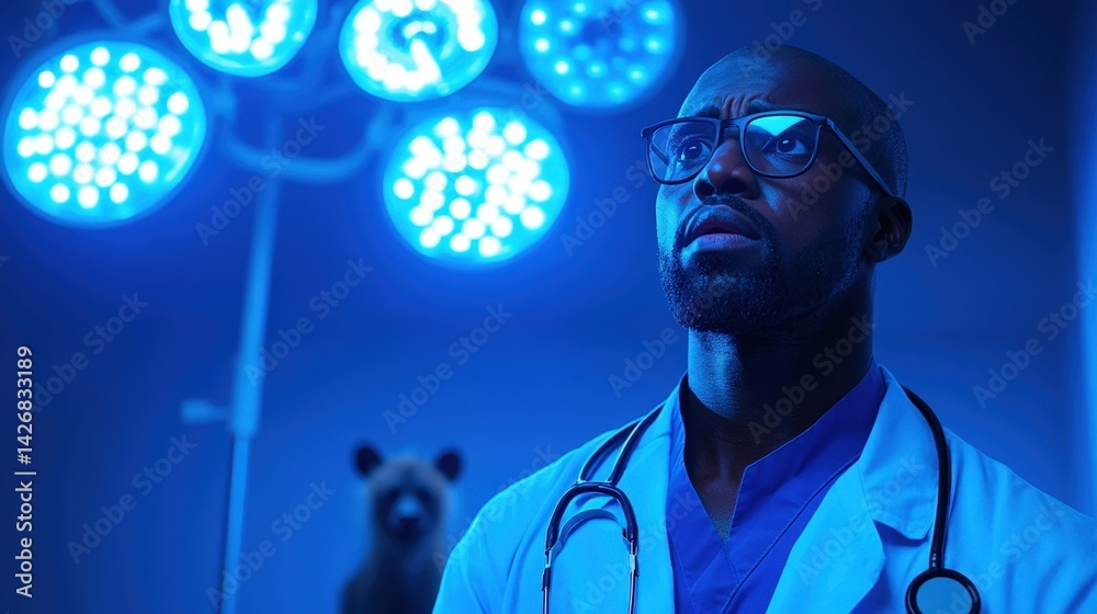 A doctor in a surgical room wears glasses and a white coat, focused on the procedure ahead. Bright blue surgical lights illuminate the space, creating an intense atmosphere
