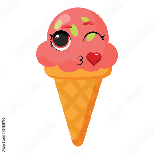A fun pink ice cream cone with a wink and heart symbol is perfect for romantic designs, summer menus, party invitations, cute decorations and creative dessert-themed projects.