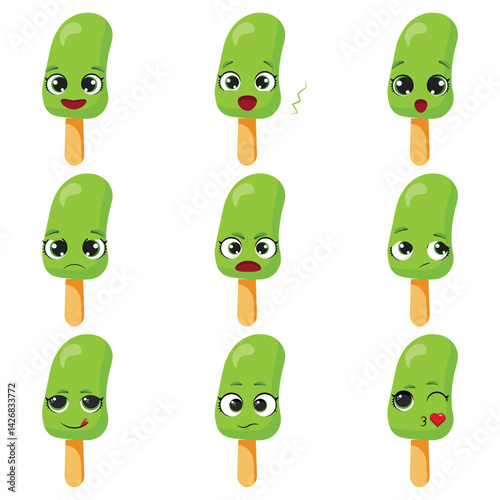 Nine lime popsicle characters with different expressions Happy, surprised, sad, worried, angry, silly, neutral, and flirty ice cream emoticons
