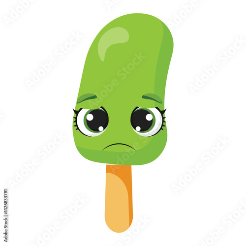 Sad green ice cream character with downturned mouth Unhappy frozen treat illustration Funny summer dessert