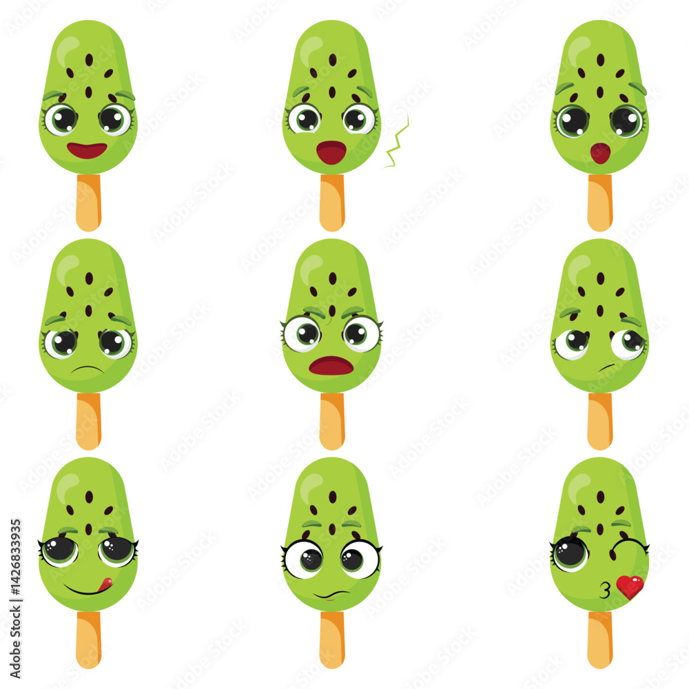 Fototapeta premium Nine kiwi popsicle characters with different expressions Happy, surprised, sad, worried, angry, silly, neutral, and flirty ice cream emoticons Cute summer