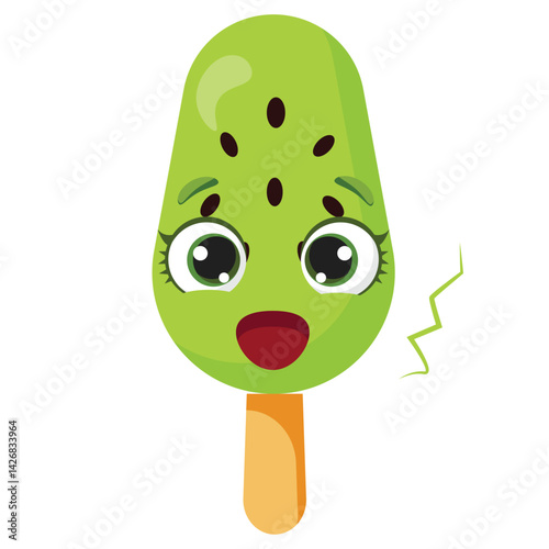 Worried kiwi flavored green ice cream character Anxious fruit dessert illustration Funny summer snack graphic with concerned expression Adorable green treat with wide open mouth