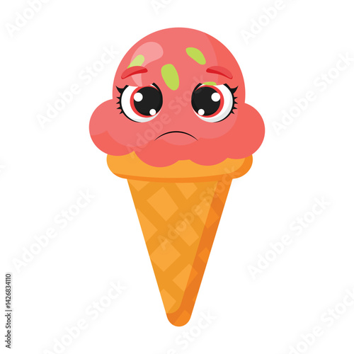 Sad strawberry ice cream cone with a sad expression is perfect for dessert-themed designs, emotional characters, greeting cards and summer food ads