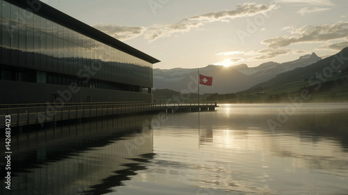 Modern glass building with Swiss flag reflecting on alpine lake, representing financial stability, banking security and Swiss precision in architecture.