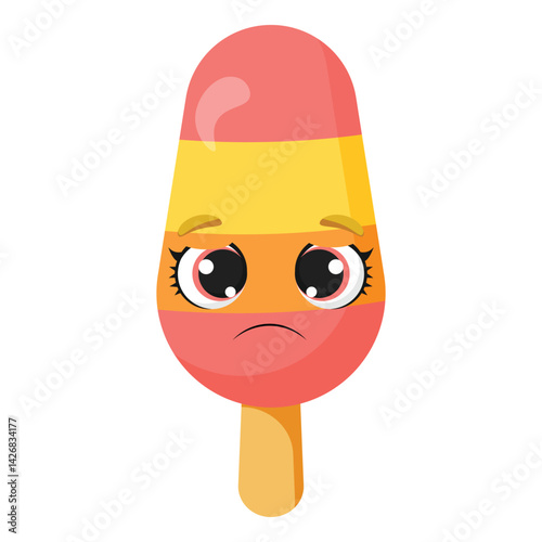 Sad striped ice cream character with downturned mouth Unhappy frozen treat illustration Funny summer dessert graphic with gloomy face Adorable colorful snack with teary eyes
