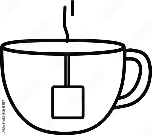 Black and white vector illustration of a steaming cup of tea with a submerged tea bag, depicted in a simple, minimal line art style, symbolizing warmth, relaxation, and beverage enjoyment