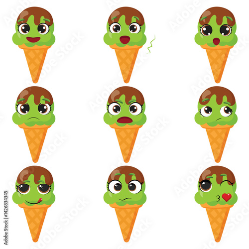 Nine mint chocolate chip ice cream cone characters with different expressions Happy, surprised, sad, worried, angry, silly, neutral, and flirty ice cream emoticons